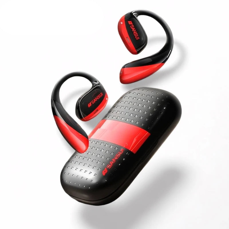 Black and red wireless earbuds with case on a white background, featuring SansuiLink branding.