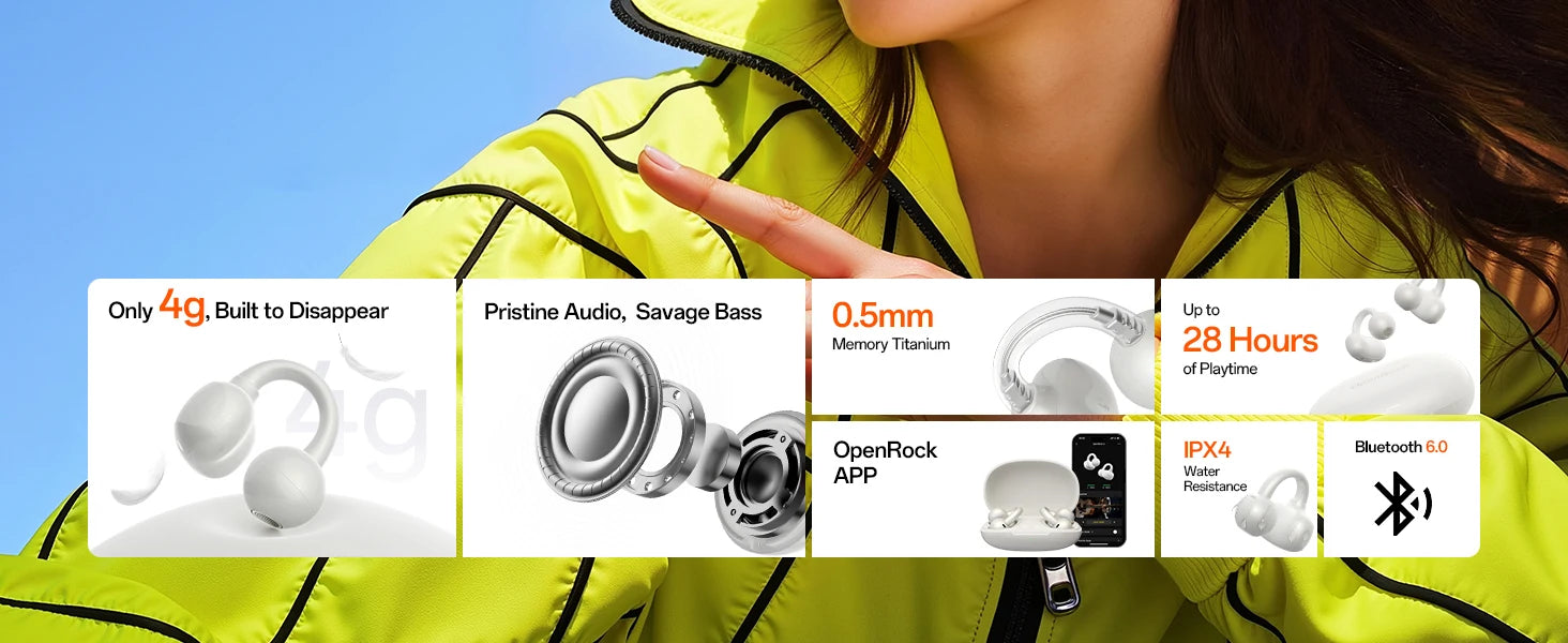 ONEODIO OpenRock E Bluetooth Wireless Open Ear Clip-On Earbuds