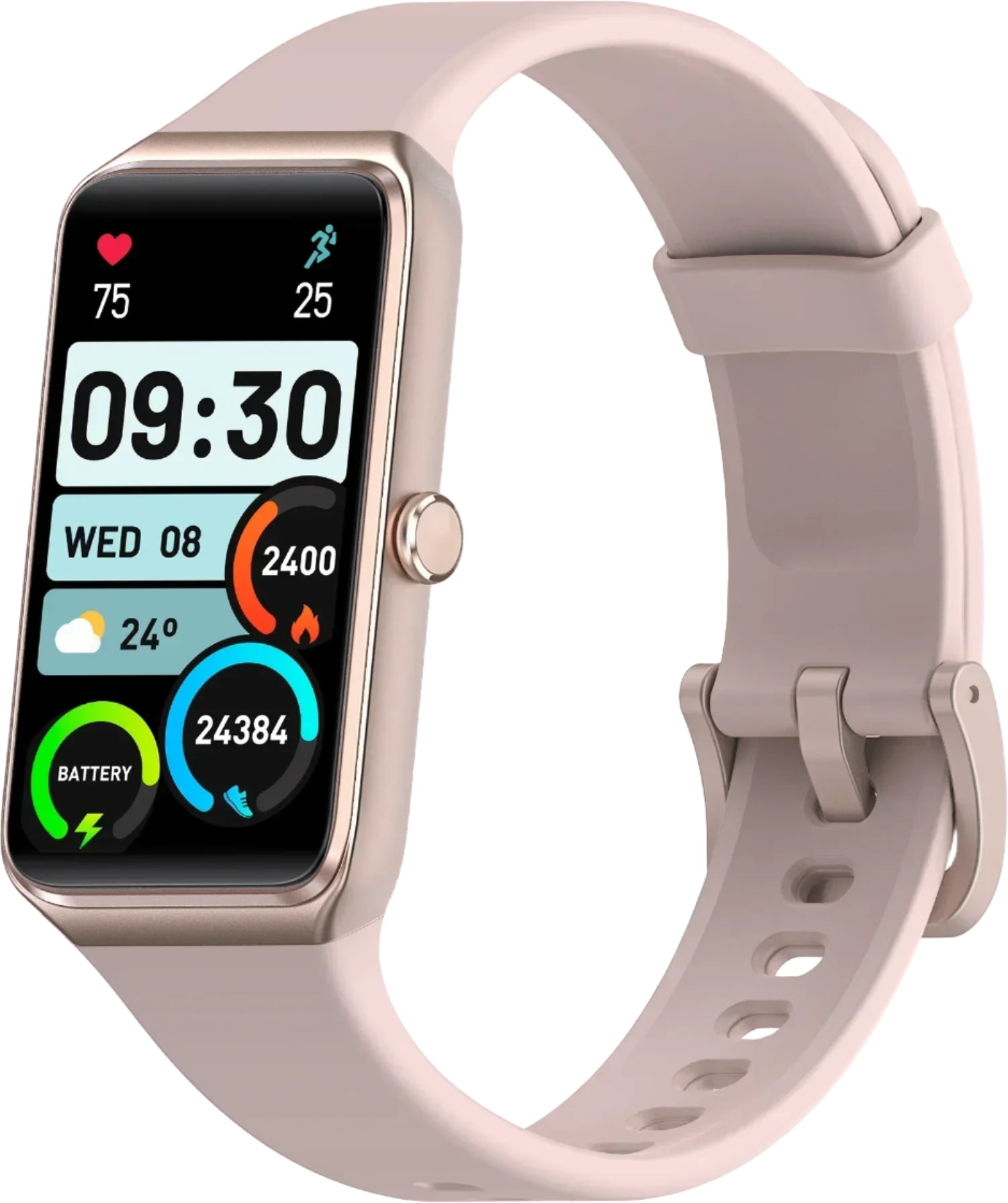 Fitness tracker with a light-coloured band on a white background