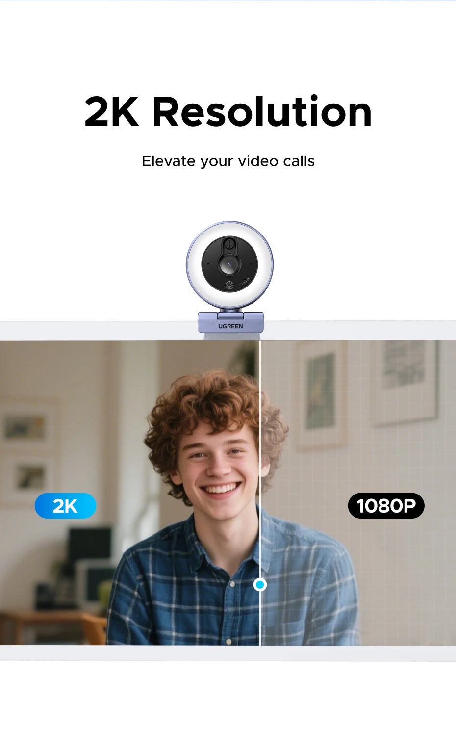 UGREEN 2K Ultra HD Streaming Webcam with Built-In Light