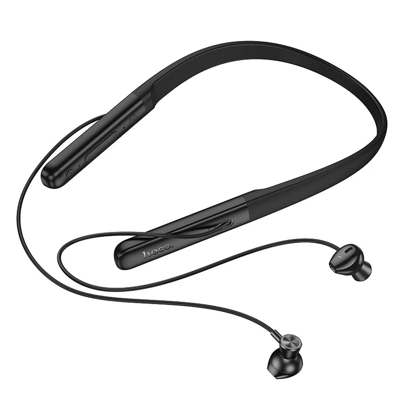 Black neck-mounted Bluetooth earphones with 'hoco.' branding on a white background