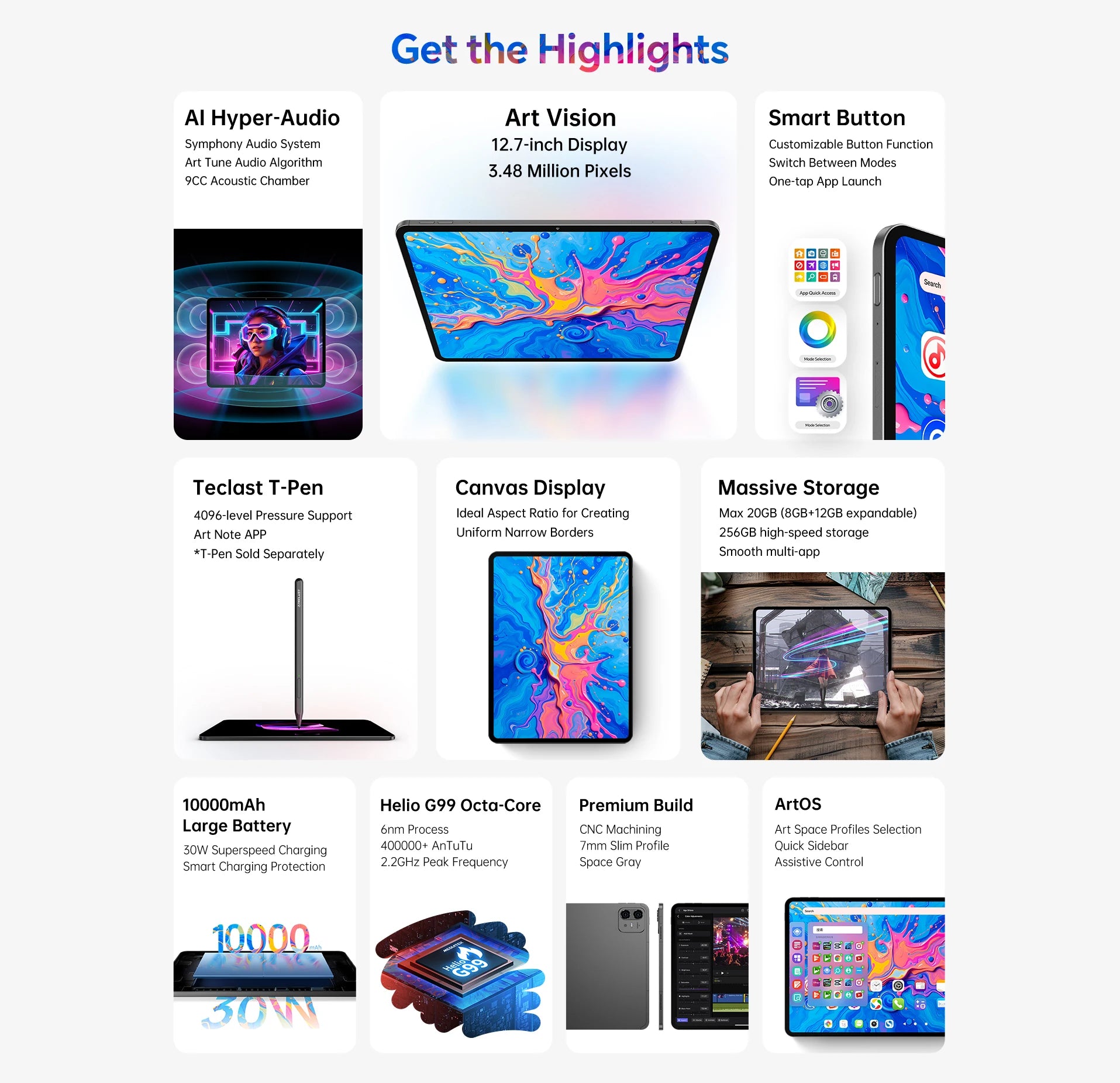 TECLAST ArtPad Pro 12.7" UHD Display Android Tablet - 256GB, Grey