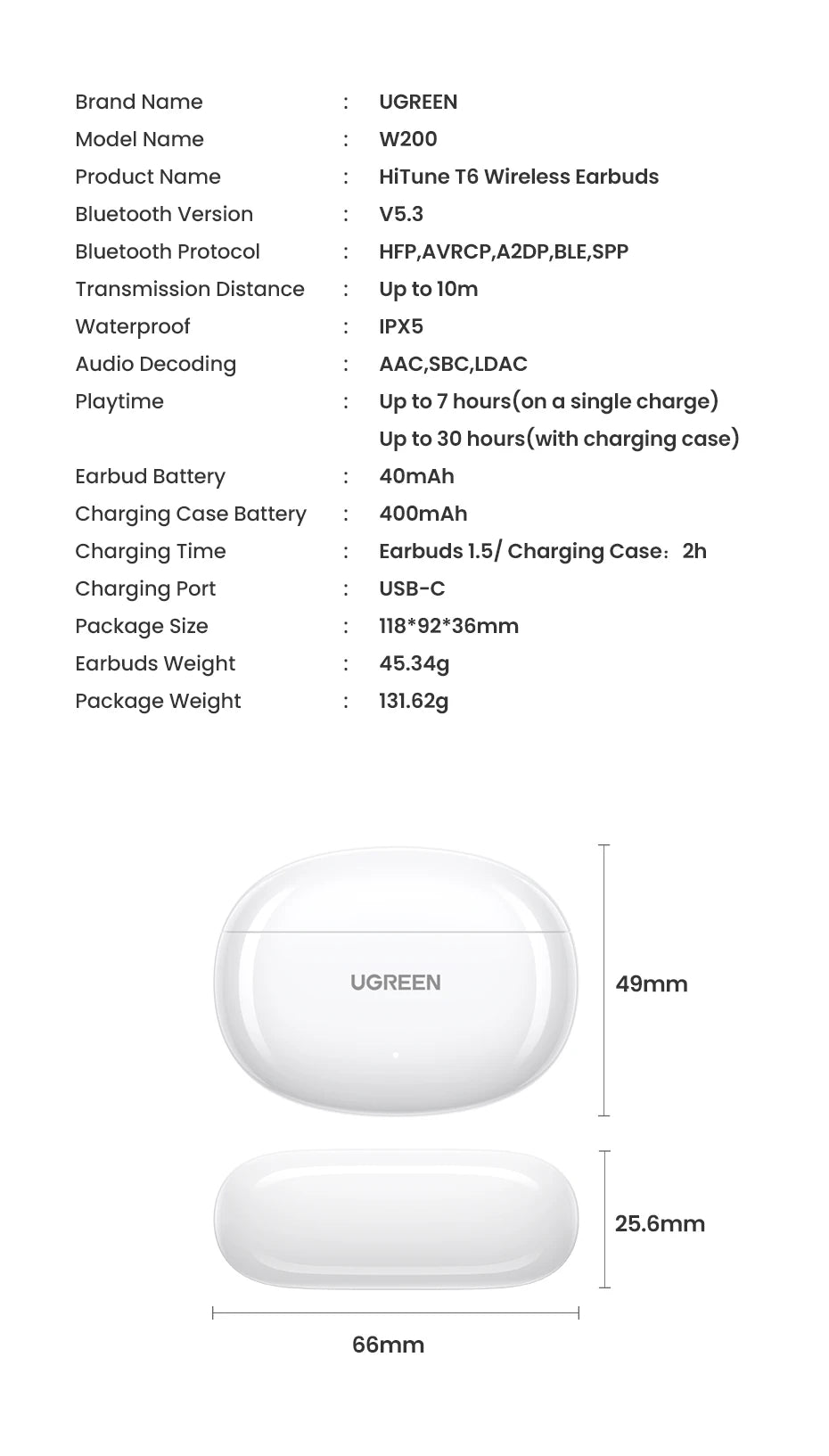UGREEN T6s Hybrid Active Noise Cancelling Bluetooth Wireless Earbuds