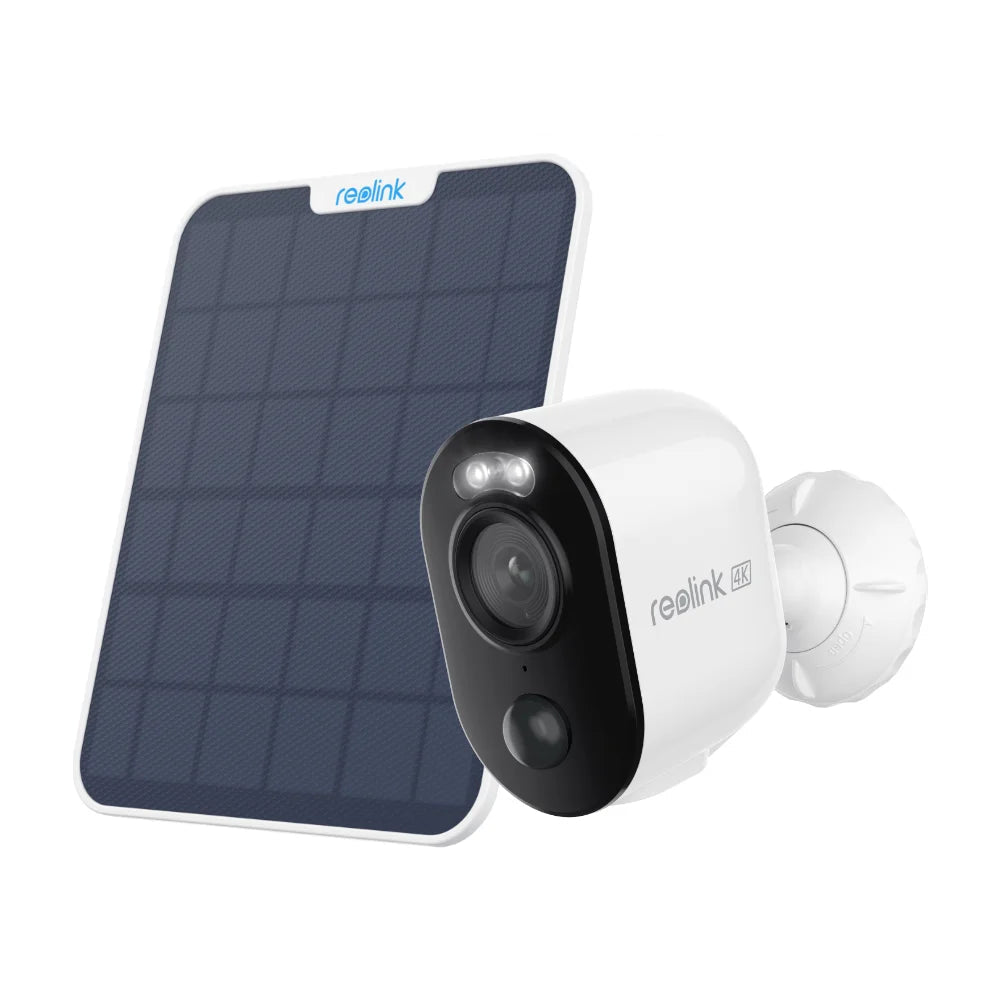 Reolink security camera with solar panel on a white background
