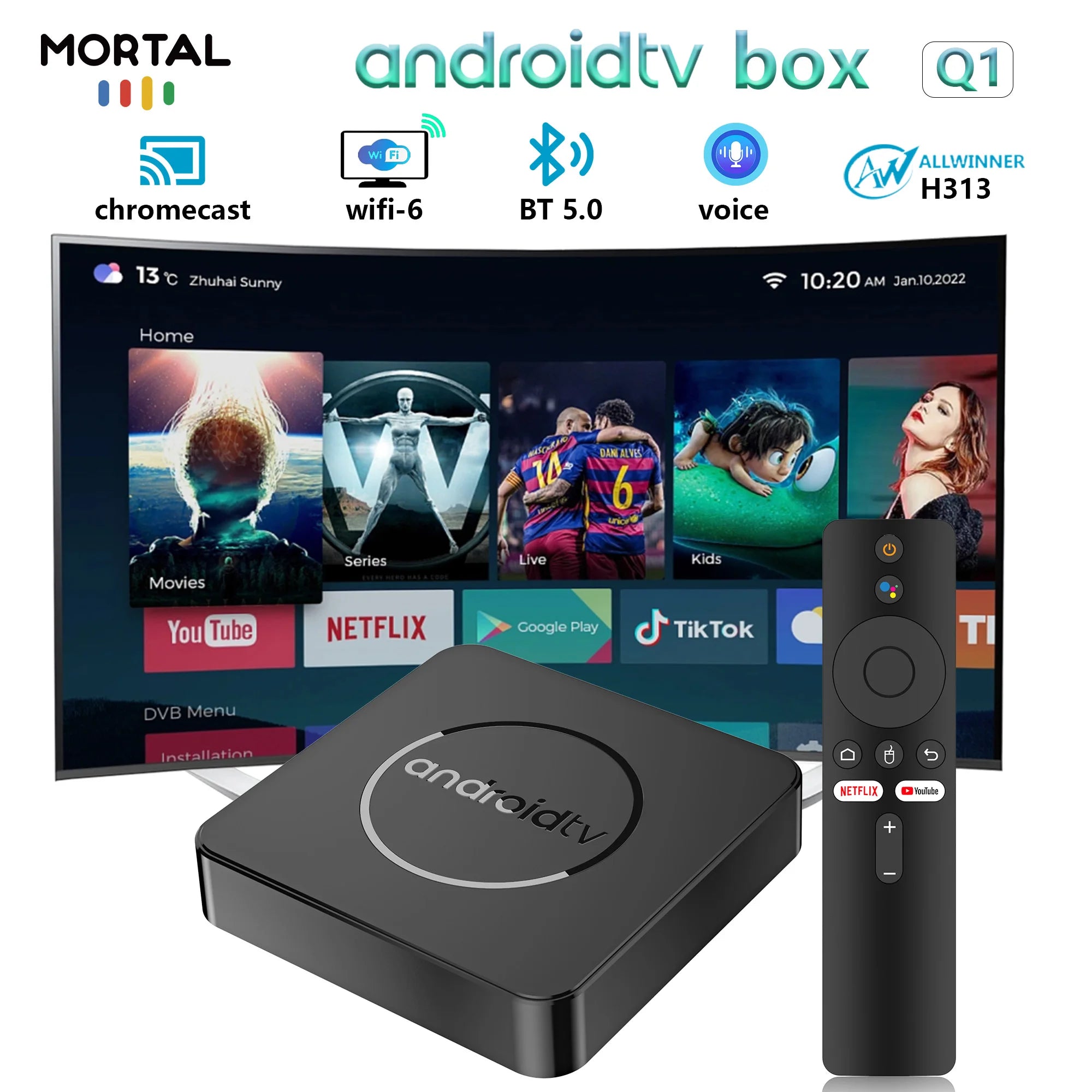 MORTAL Q1 4K Android TV Box with Google Assistant