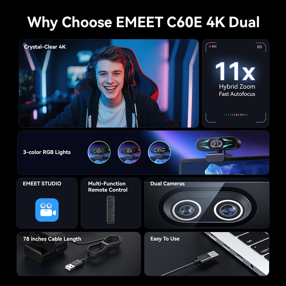 EMEET C60E 4K Dual Streaming Webcam with Tripod