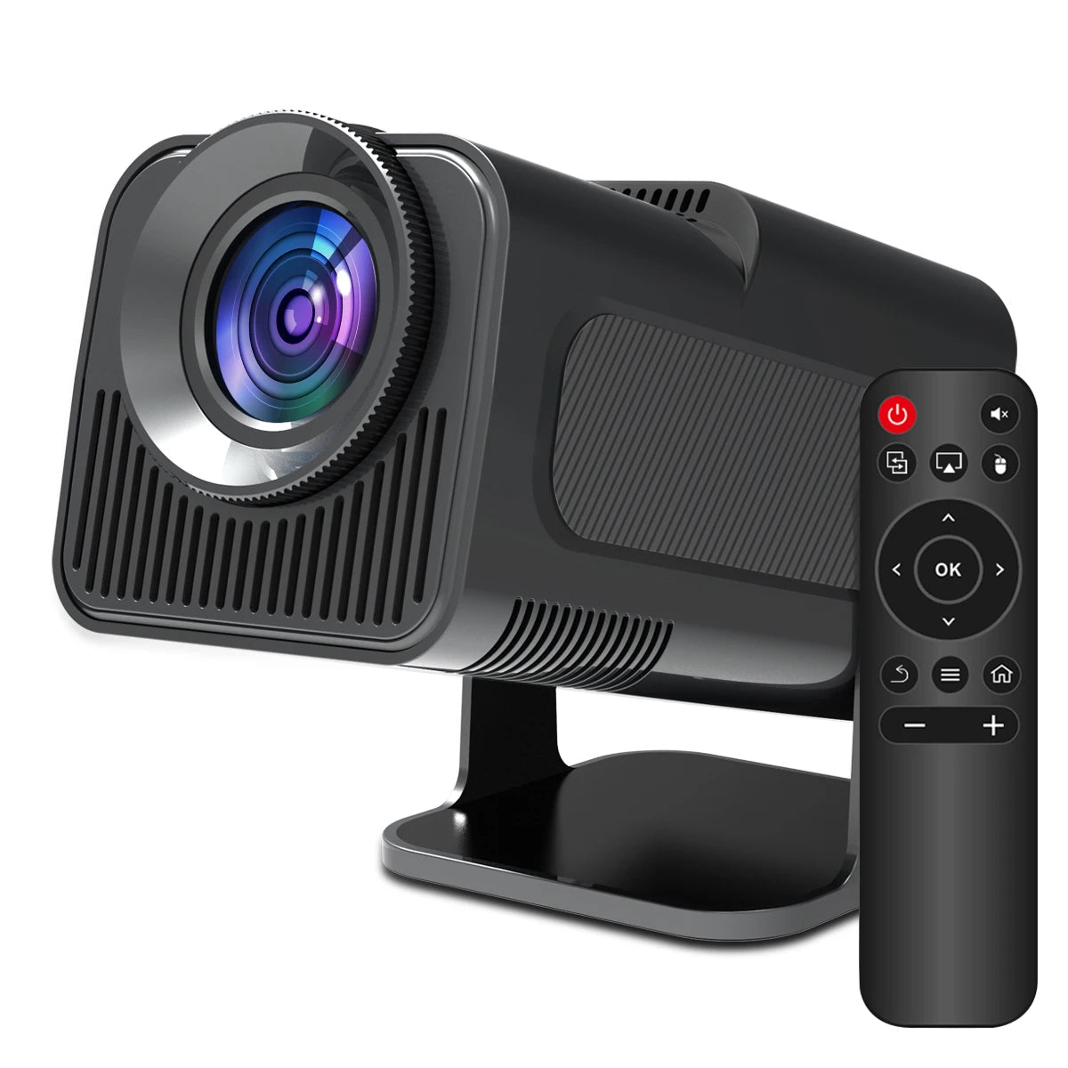 Black projector with remote control on a white background