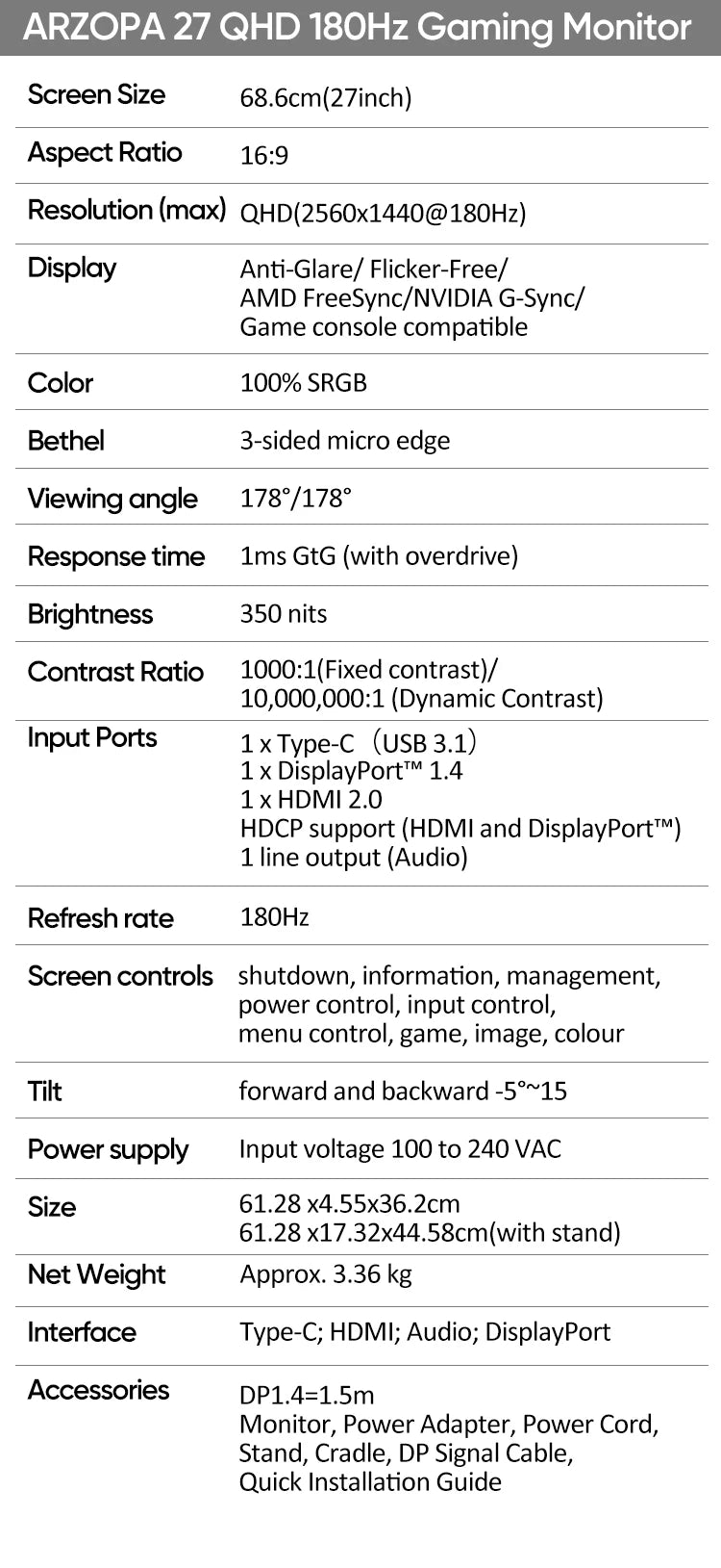 ARZOPA 27" 180Hz 2K QHD Gaming Monitor - Black