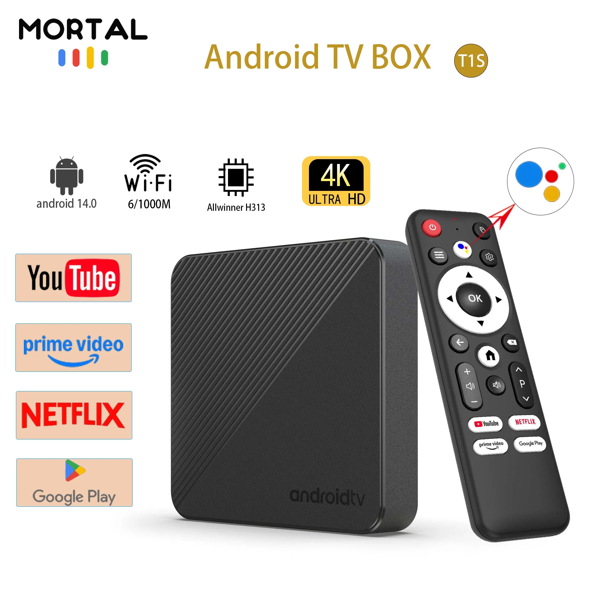 MORTAL T1S 4K Android TV Box with Google Assistant
