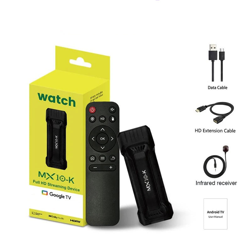 Streaming device with packaging, remote control, and accessories on a white background