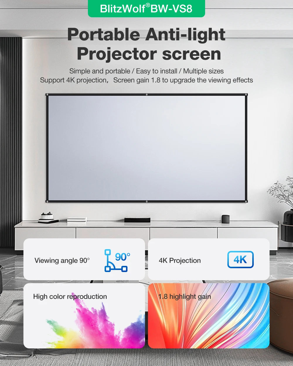 BLITZWOLF BW-VS8 16:9 Portable Metal Anti-Light Projector Screen