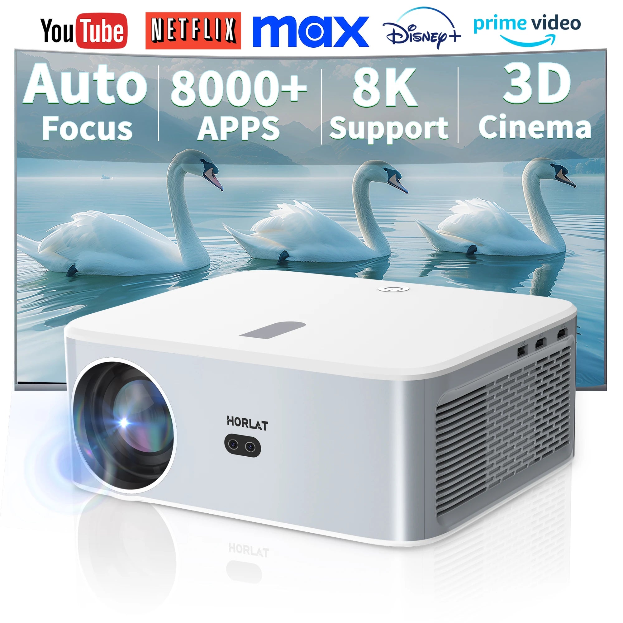 Horlat projector with swans on a screen displaying streaming services and features.