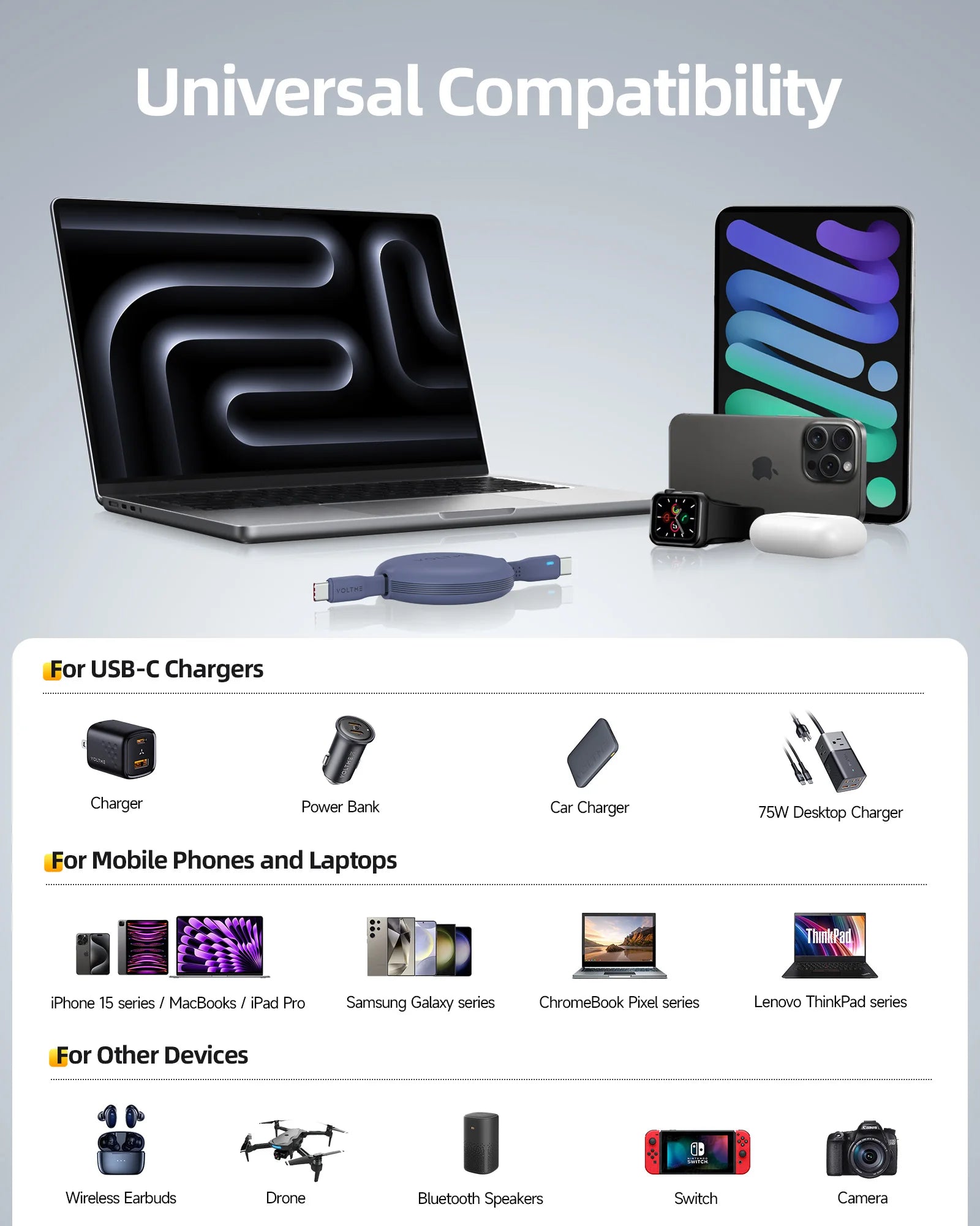 VOLTME 100W Retractable Type-C to Type-C Charging and Data Cable