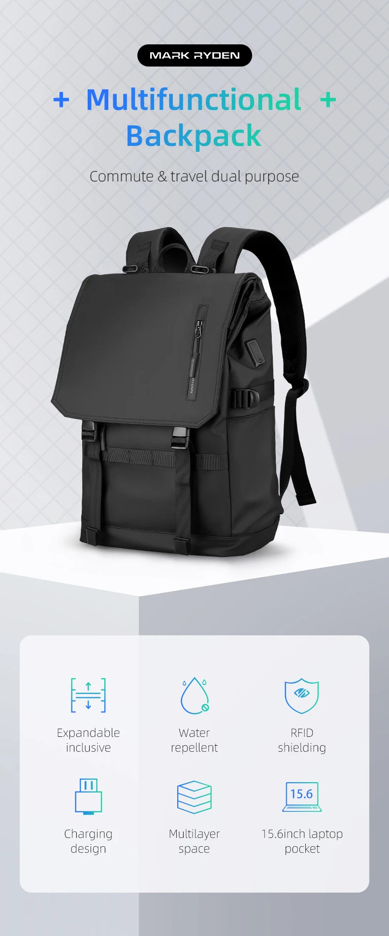 MARK RYDEN MR5748 Business Travel Backpack with USB Charging Port
