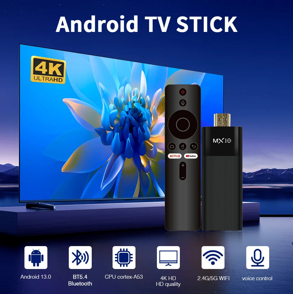 MX10 F3 Pro 4K Android TV Stick with Google Assistant