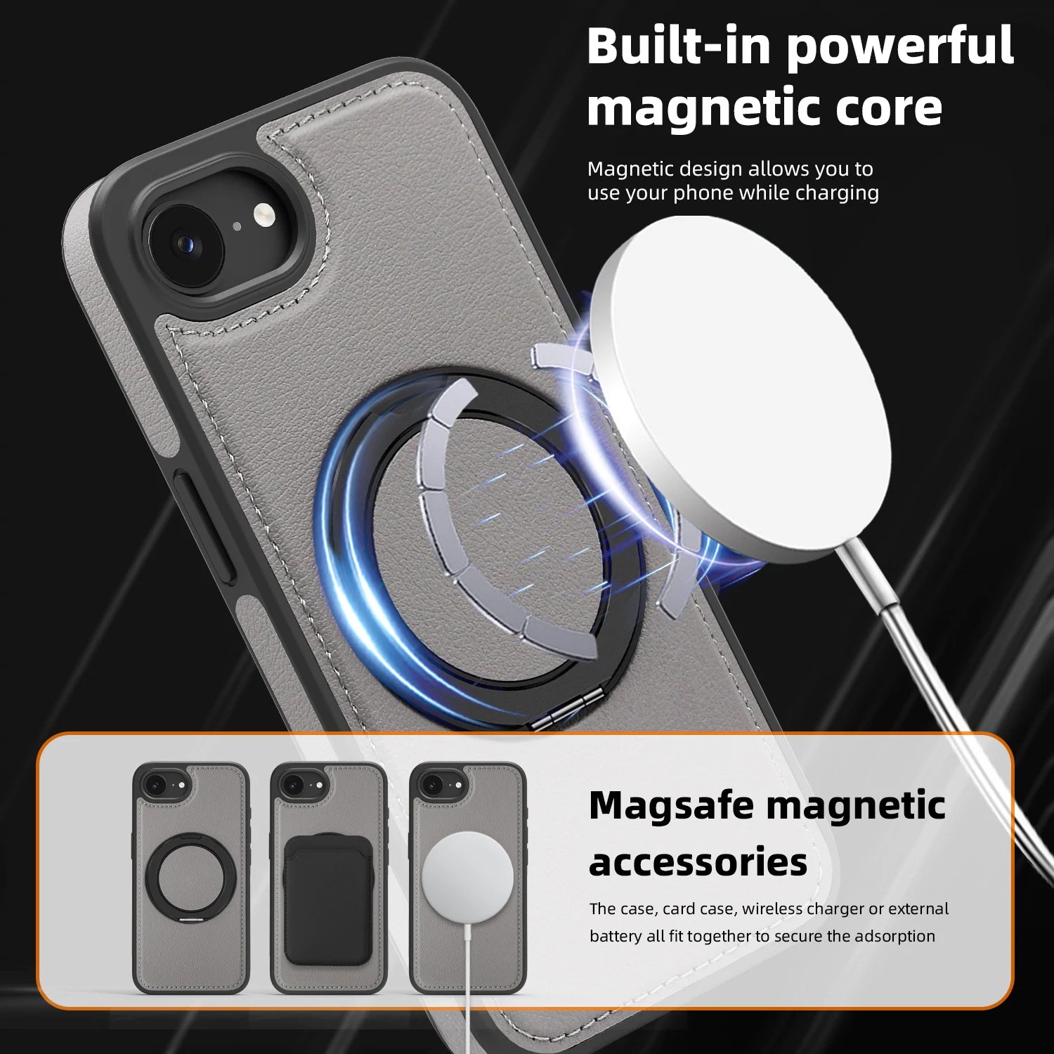 Leather MagSafe Shockproof Case for iPhone with Rotating Stand