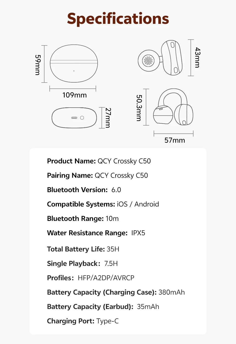 QCY Crossky C50 Clip-on Open Ear Wireless Bluetooth Earbuds