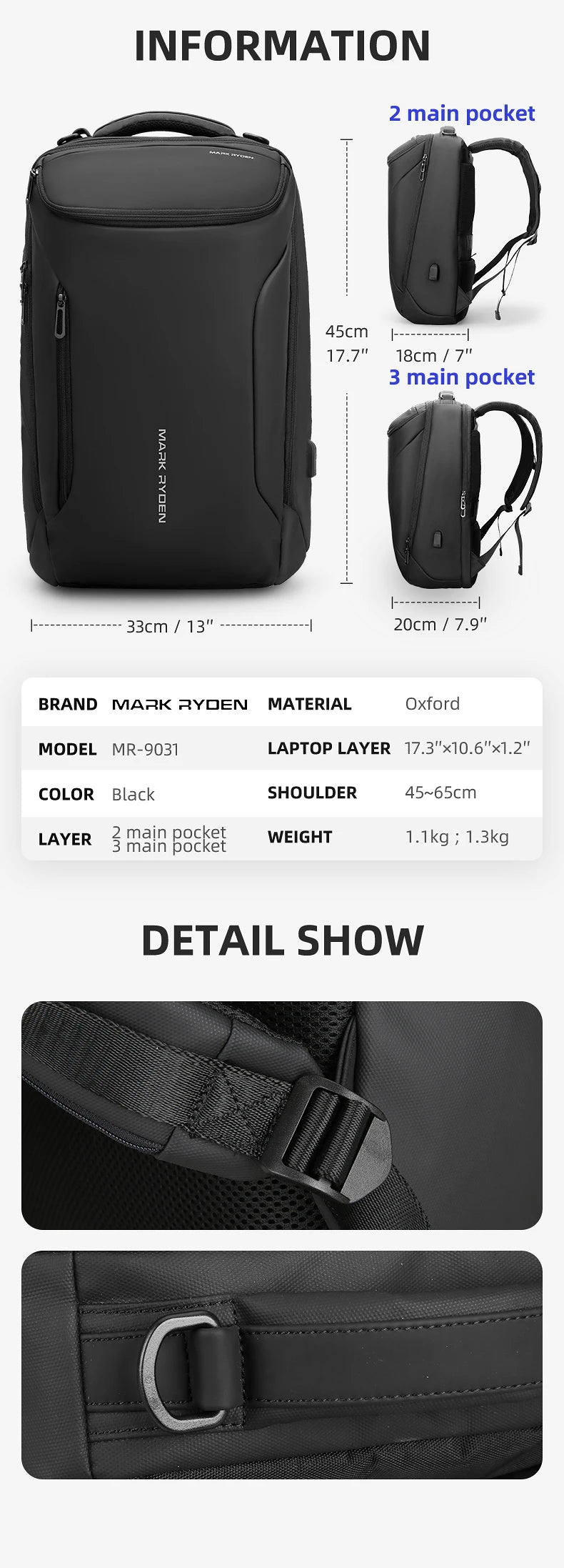 MARK RYDEN MR9031 Business Travel Backpack with USB Charging Port