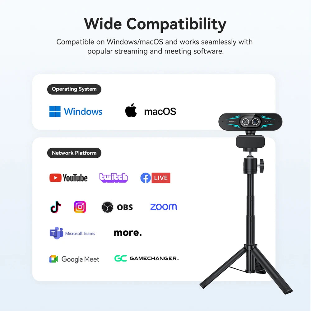 EMEET C60E 4K Dual Streaming Webcam with Tripod
