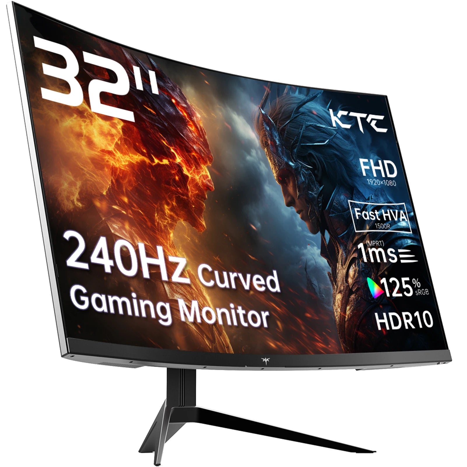32-inch curved gaming monitor with KTC branding and gaming-themed display.