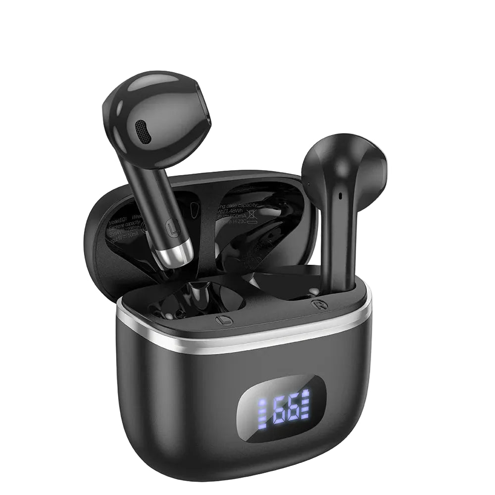 Black wireless earbuds with charging case on a white background, featuring the brand 'hoco'.