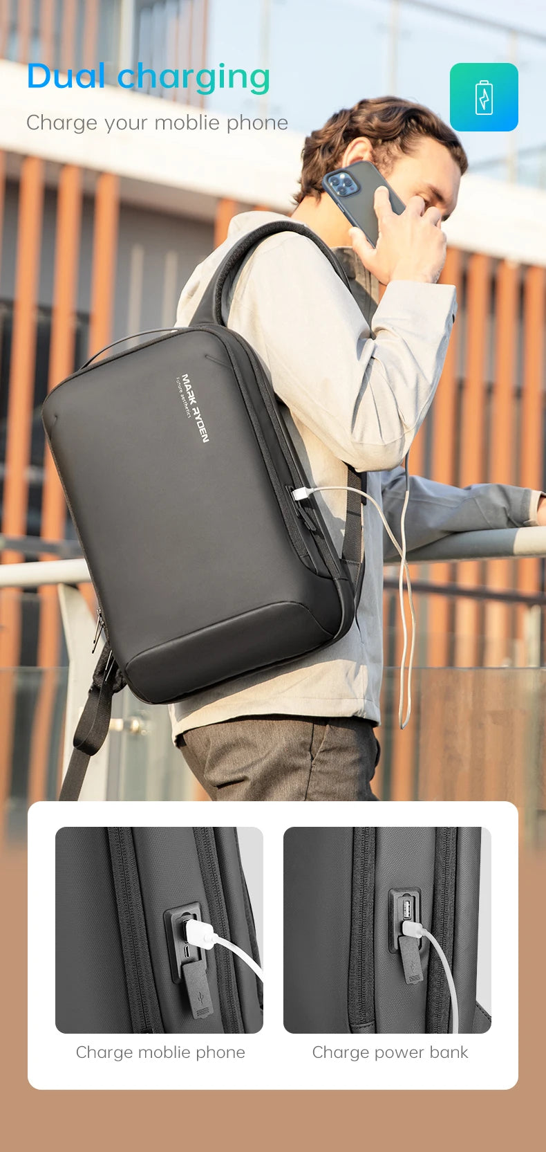 MARK RYDEN MR9008 Business Travel Backpack with USB Charging Port