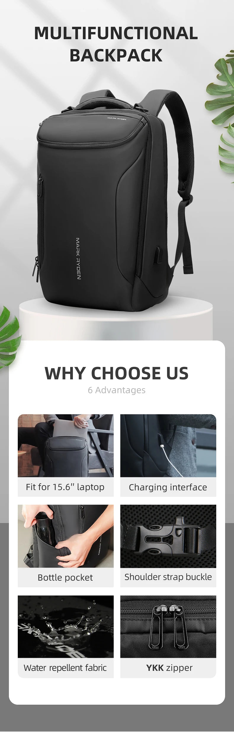 MARK RYDEN MR9031 Business Travel Backpack with USB Charging Port