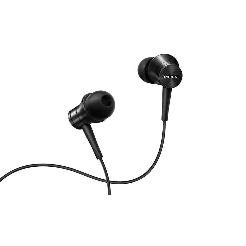 Black in-ear headphones with a cable on a white background
