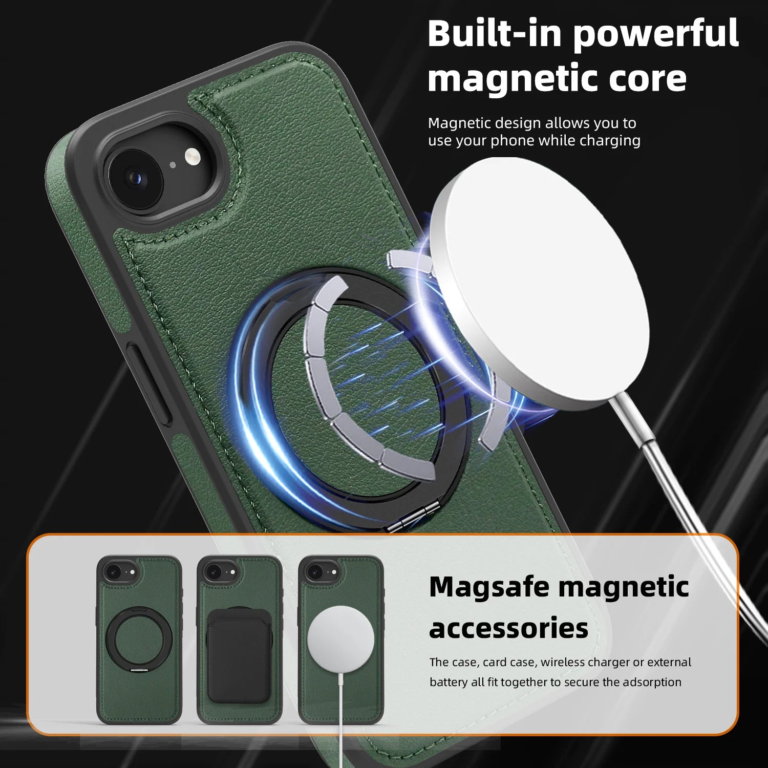 Leather MagSafe Shockproof Case for iPhone with Rotating Stand