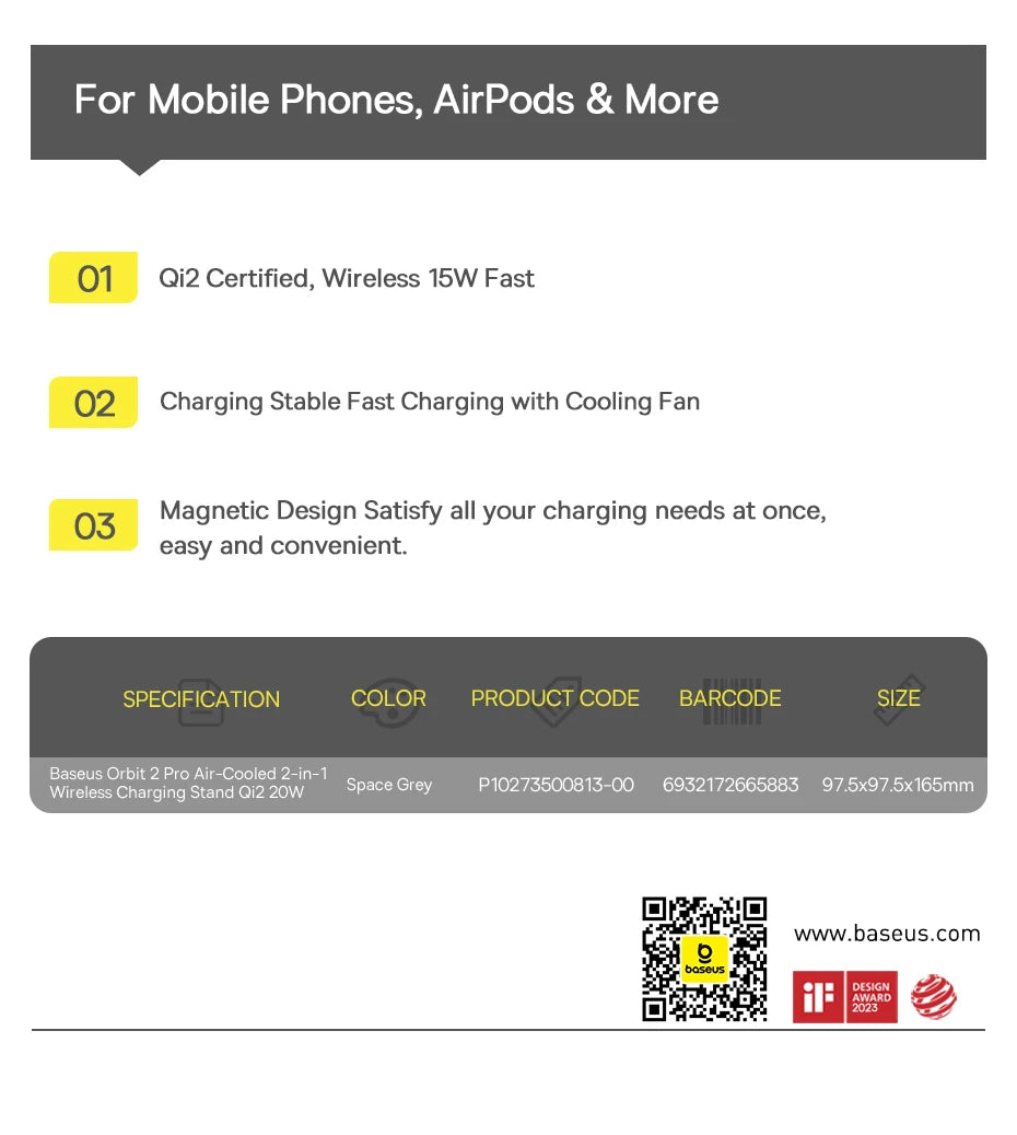 BASEUS Orbit 2 Pro Air-Cooled 2in1 Wireless Charging Stand