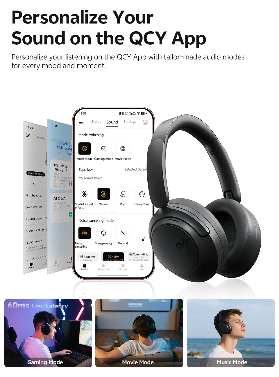 QCY H3S Adaptive Noise Cancelling Bluetooth Wireless Headphones
