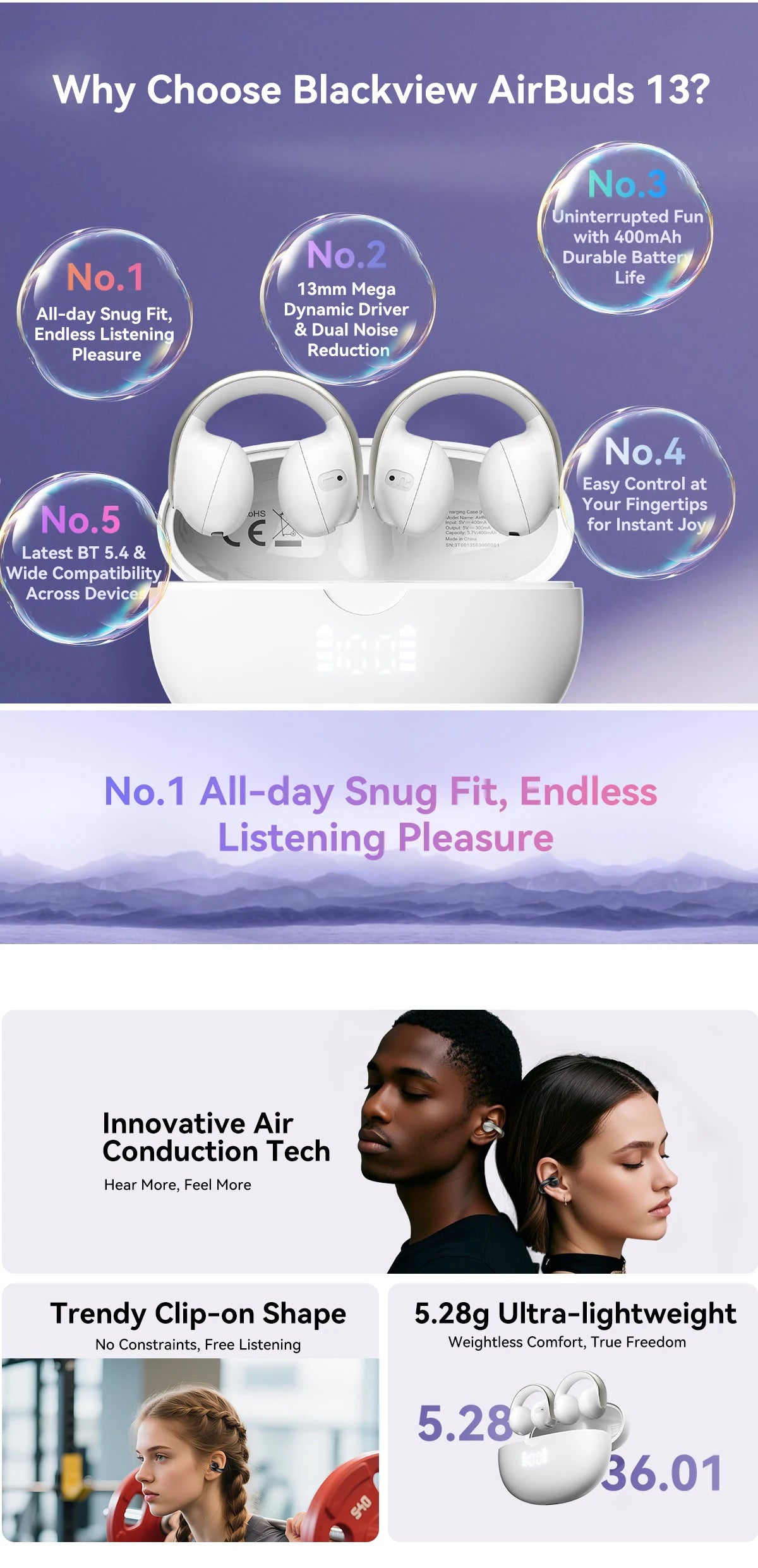 BLACKVIEW AirBuds 13 Bluetooth Wireless Open Ear Headphones