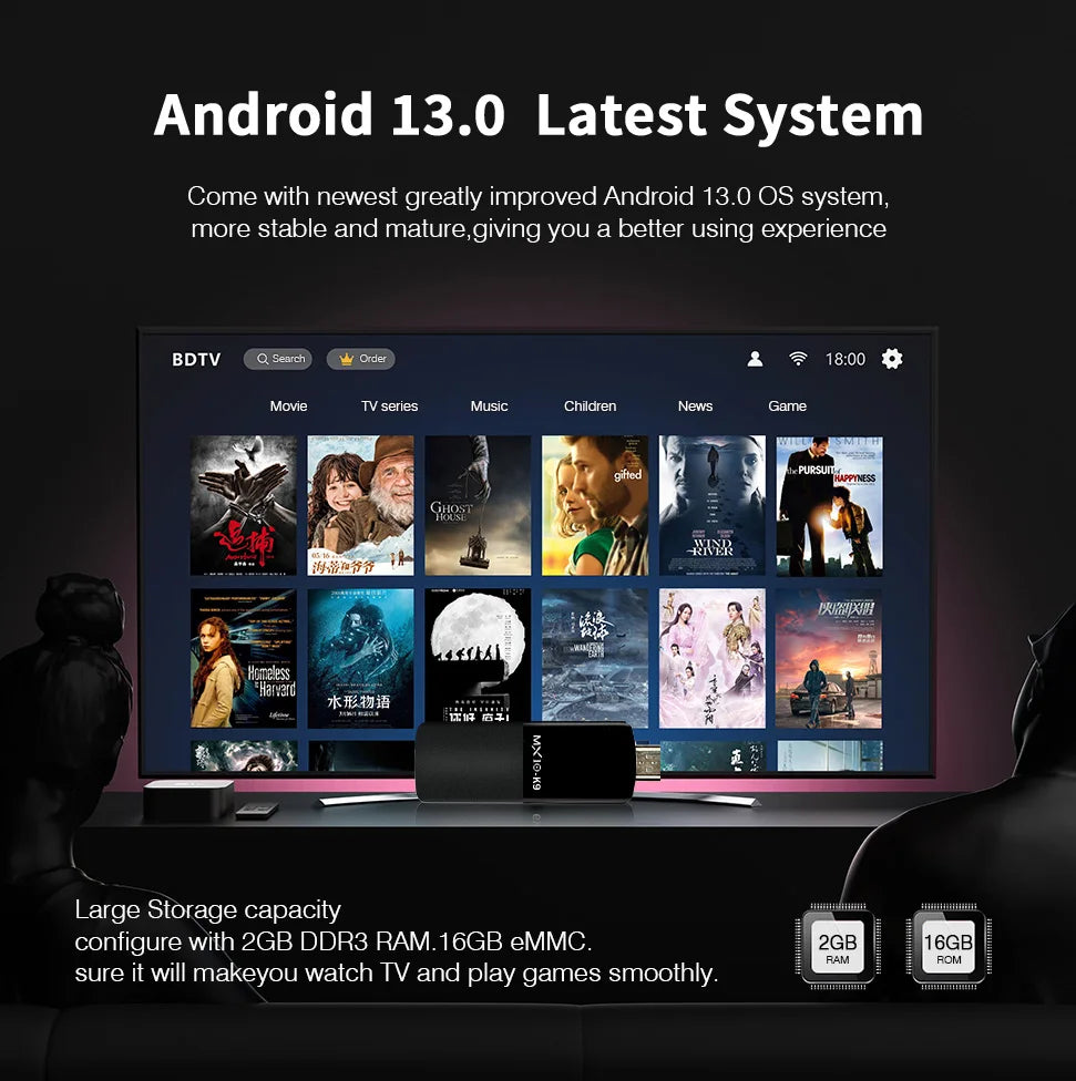 Smart TV interface with Android 13.0 system on a dark background