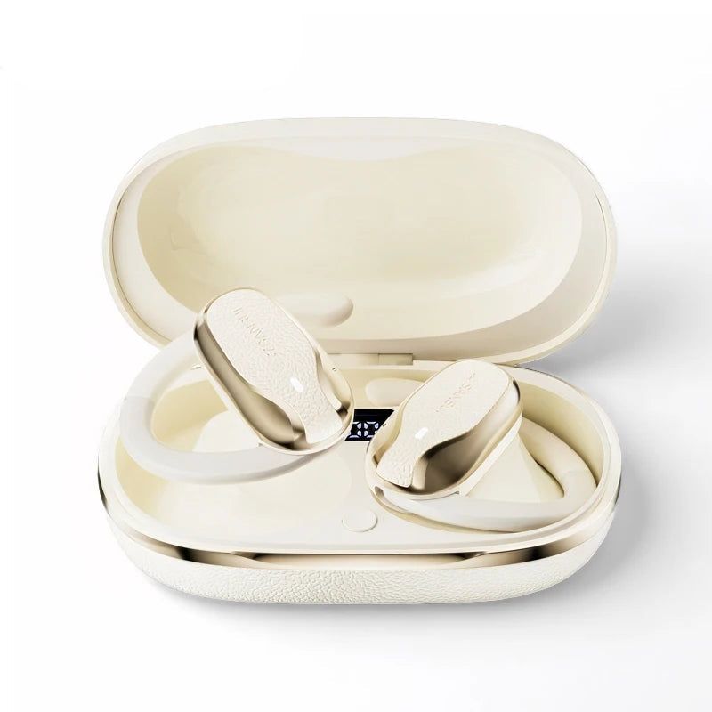 Wireless earbuds in a white case with Sansui logo on a white background
