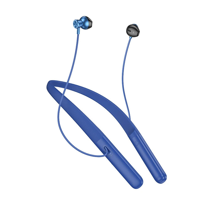 Blue neck-mounted Bluetooth earphones with 'hoco.' branding on a white background