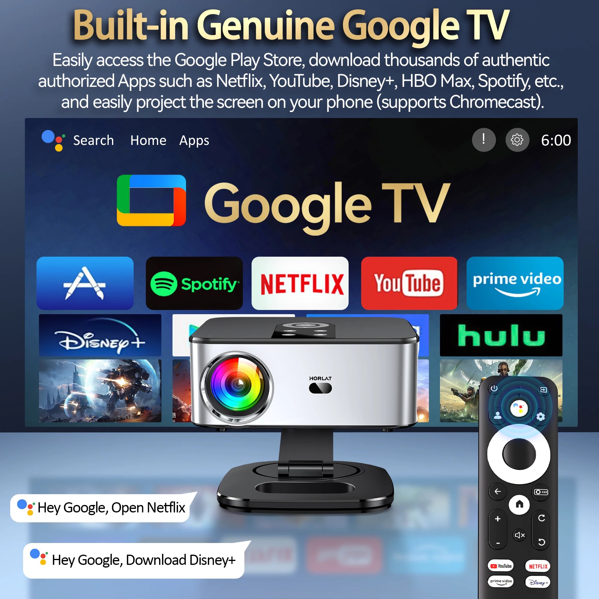 HORLAT T03 Max 40000 Lumens 4K UHD Smart Home Cinema Projector & Stand