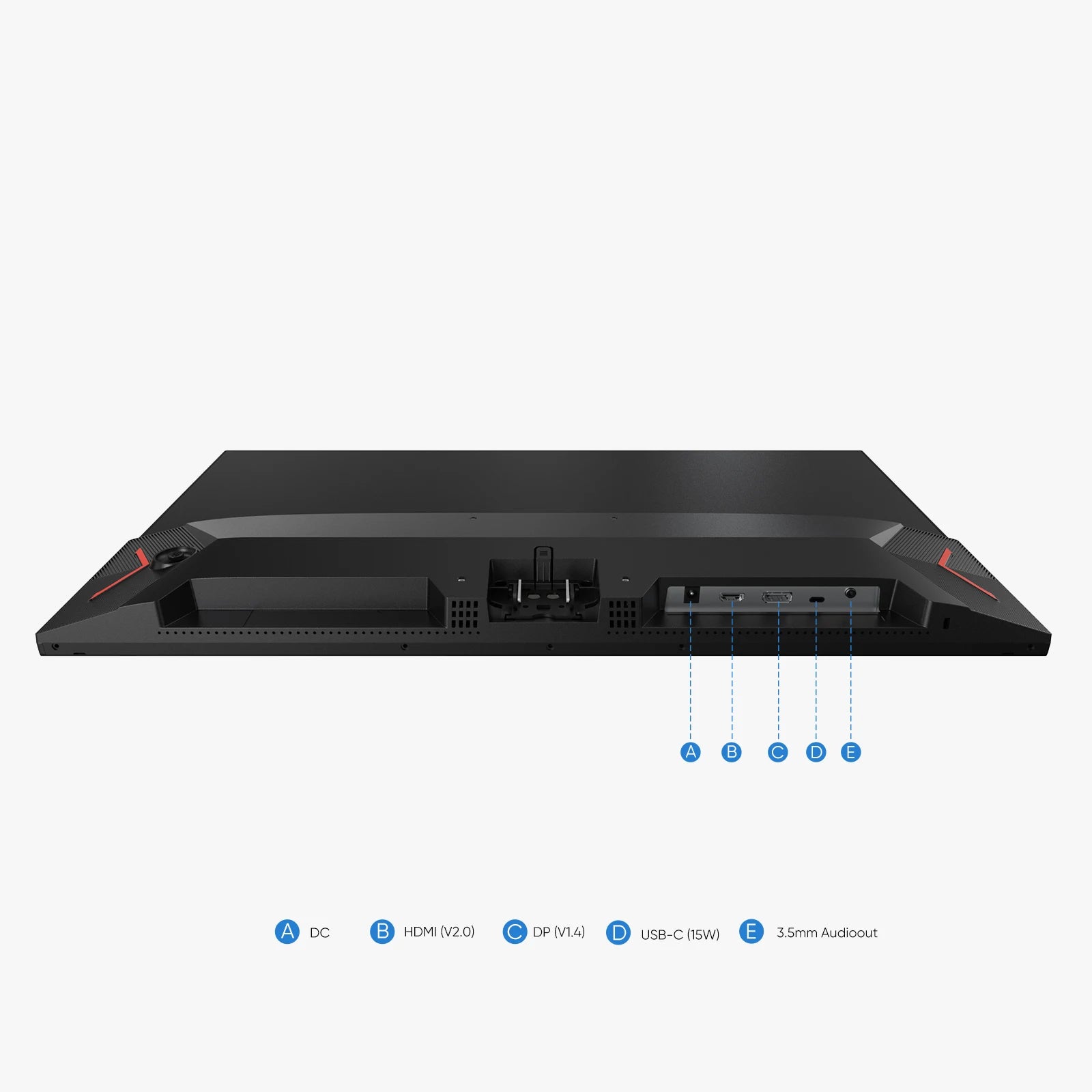 Back view of a black electronic device with connectivity ports on a white background