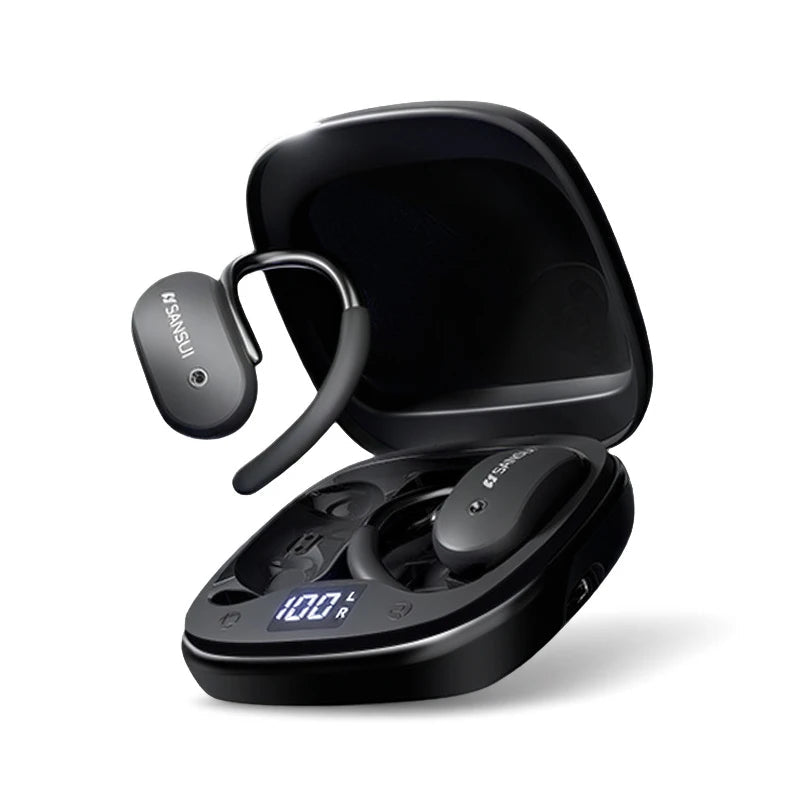 Black wireless earbuds with charging case on a white background, featuring the Sansui logo.