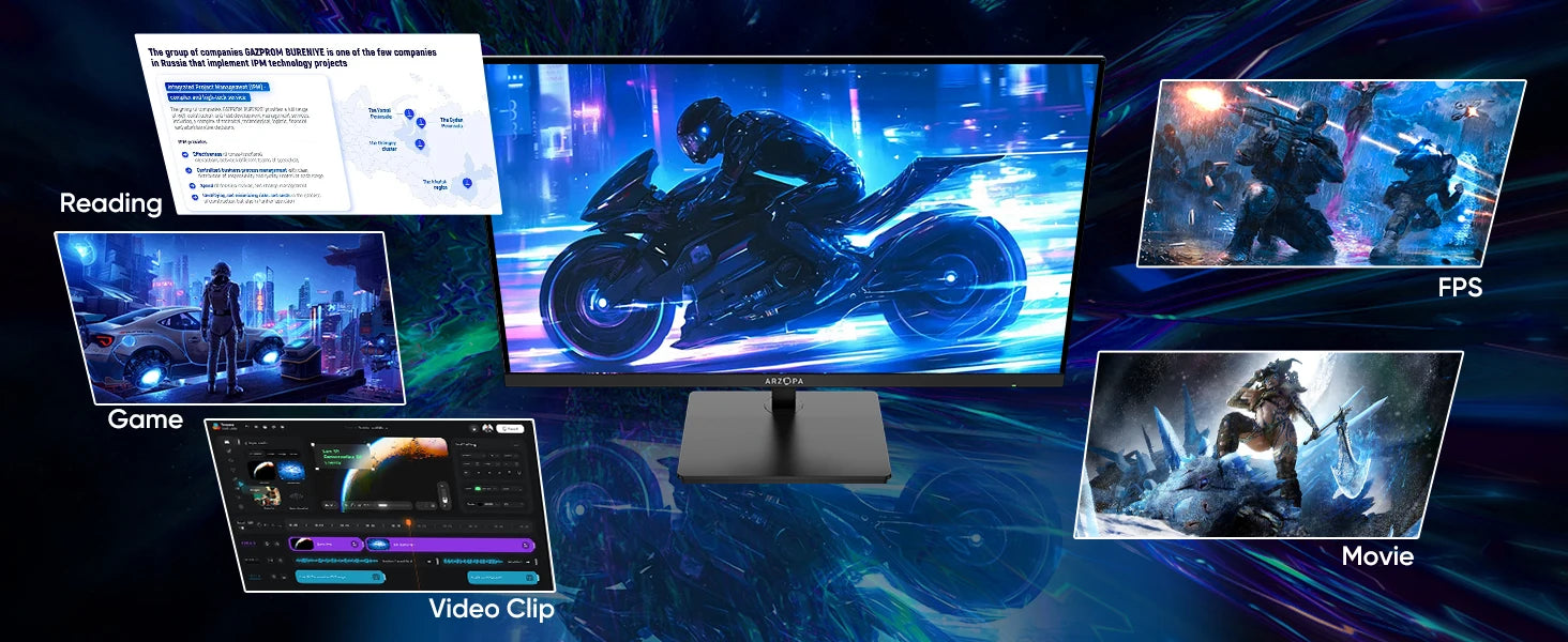 Multimedia display with various content modes on a dark background