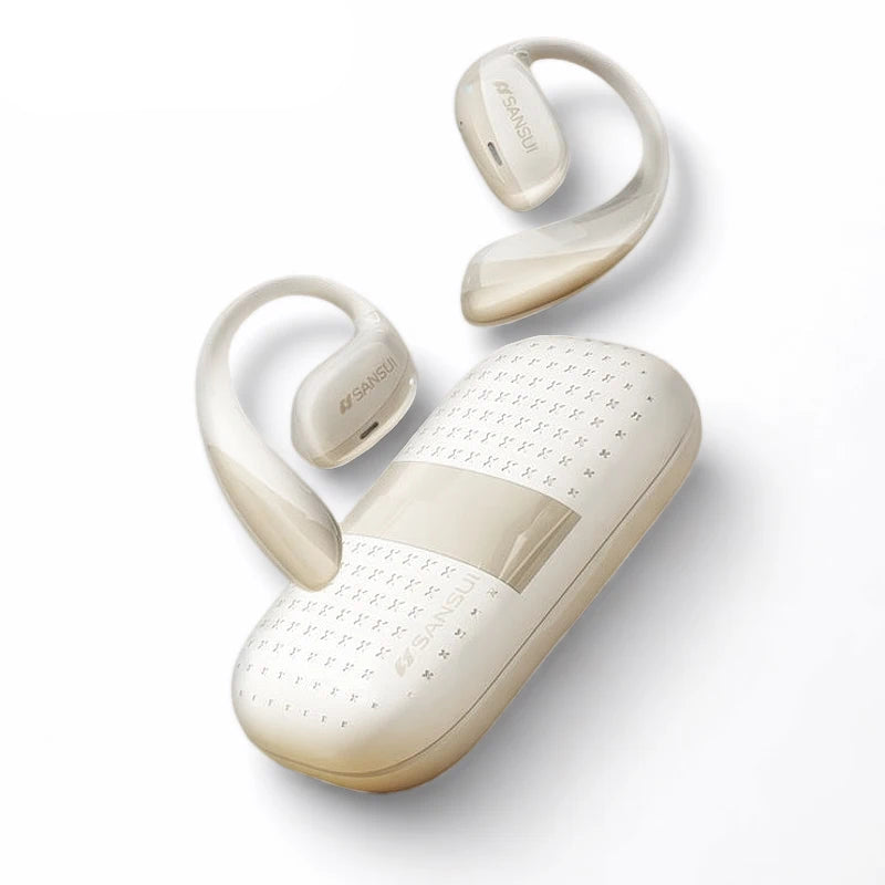 Beige wireless earbuds with charging case on a white background, featuring the Sansui logo.