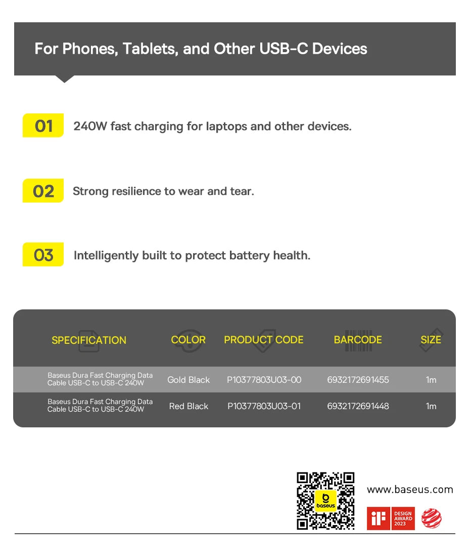 BASEUS Dura 240W Type-C to Type-C Charging and Data Cable