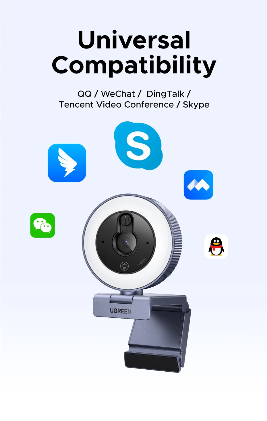 UGREEN 2K Ultra HD Streaming Webcam with Built-In Light