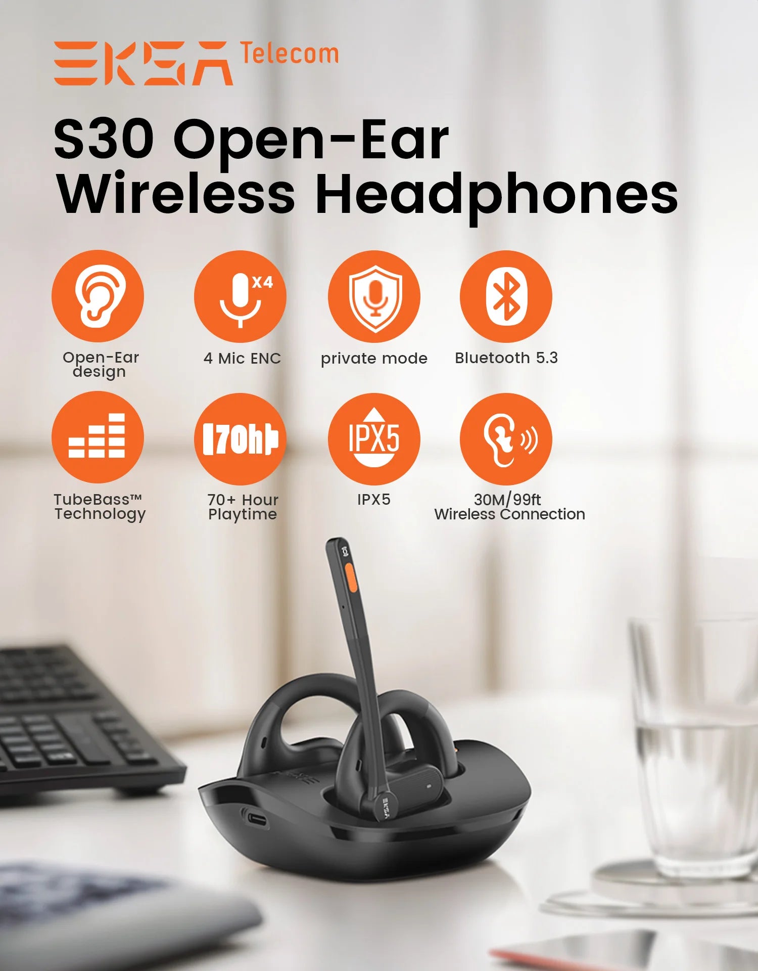 EKSA S30 Open-Ear Bluetooth Wireless Office Headset