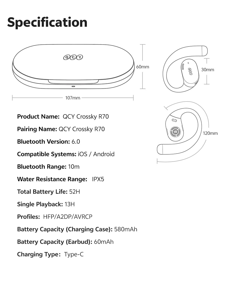 QCY Crossky R70 Open Ear Wireless Bluetooth Earbuds