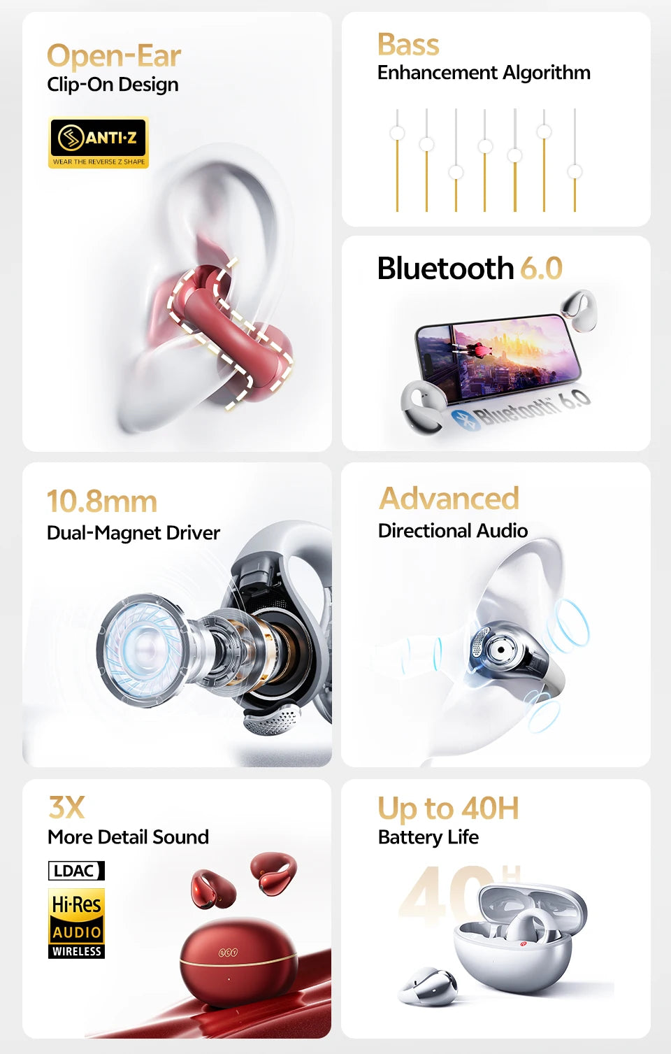 QCY Crossky C30S Clip-on Open Ear Wireless Bluetooth Earbuds