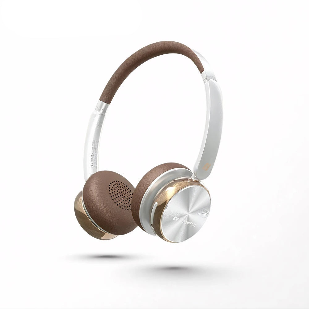 Brown and white headphones with 'Sansui' branding on a white background