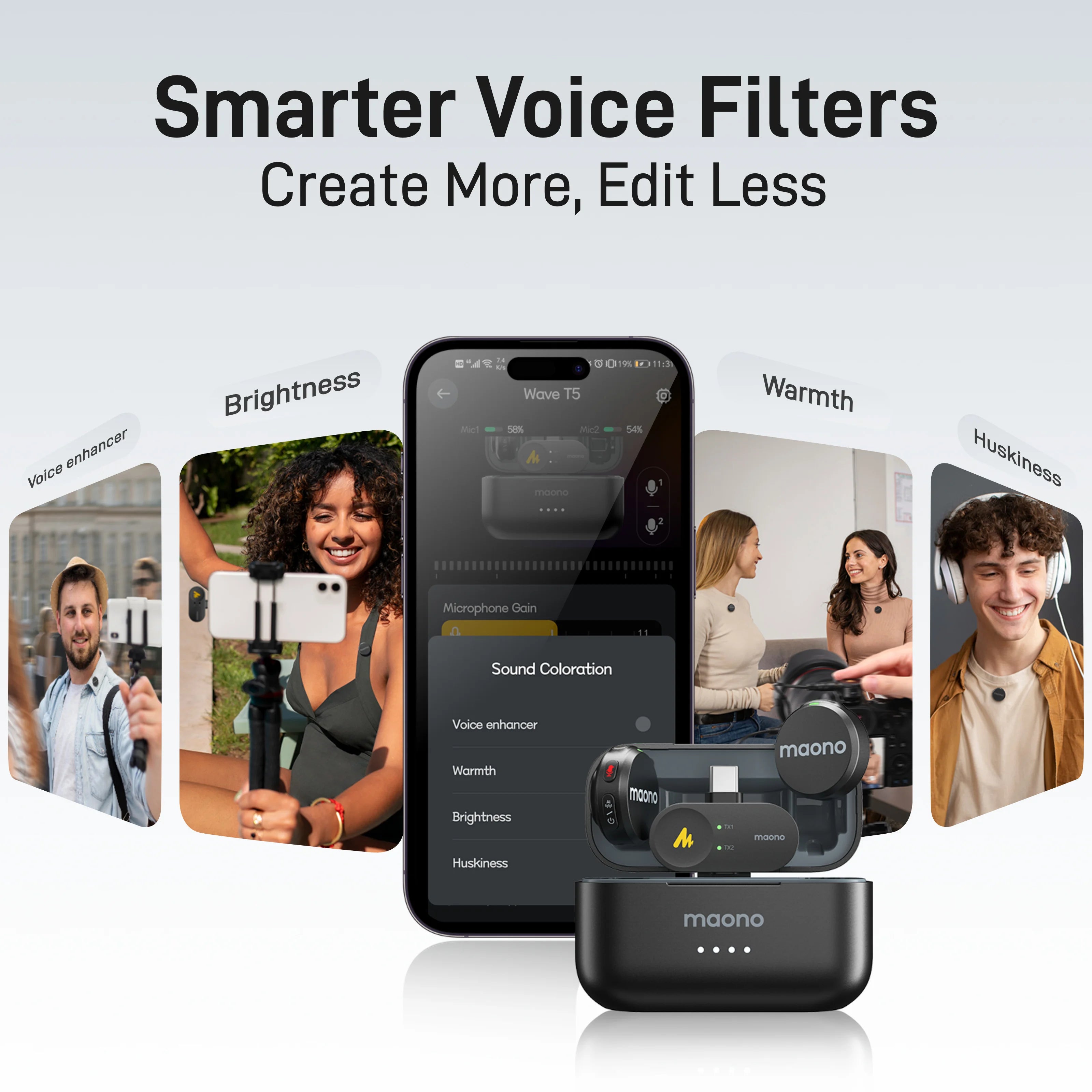 MAONO Wave T5 Mini Wireless Microphone with Voice Filters