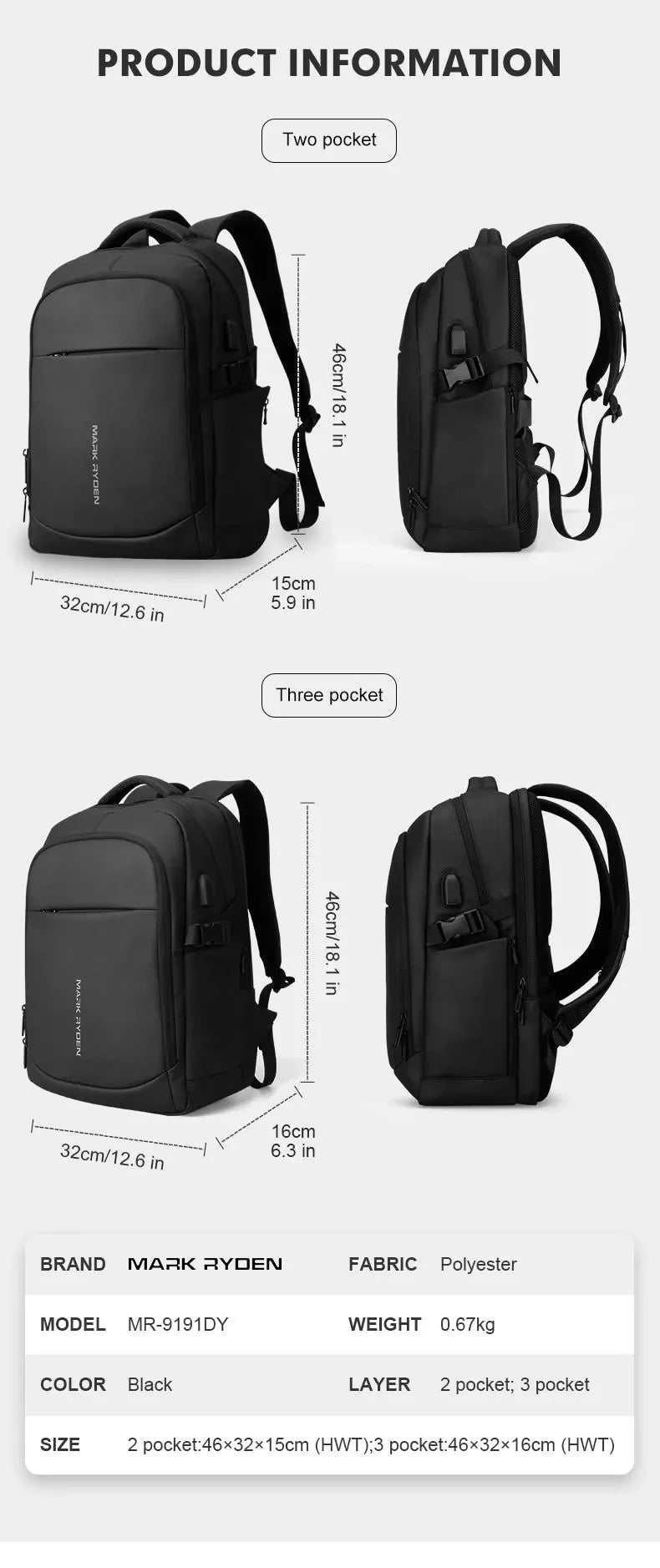 MARK RYDEN MR9191 Business Travel Backpack with USB Charging Port