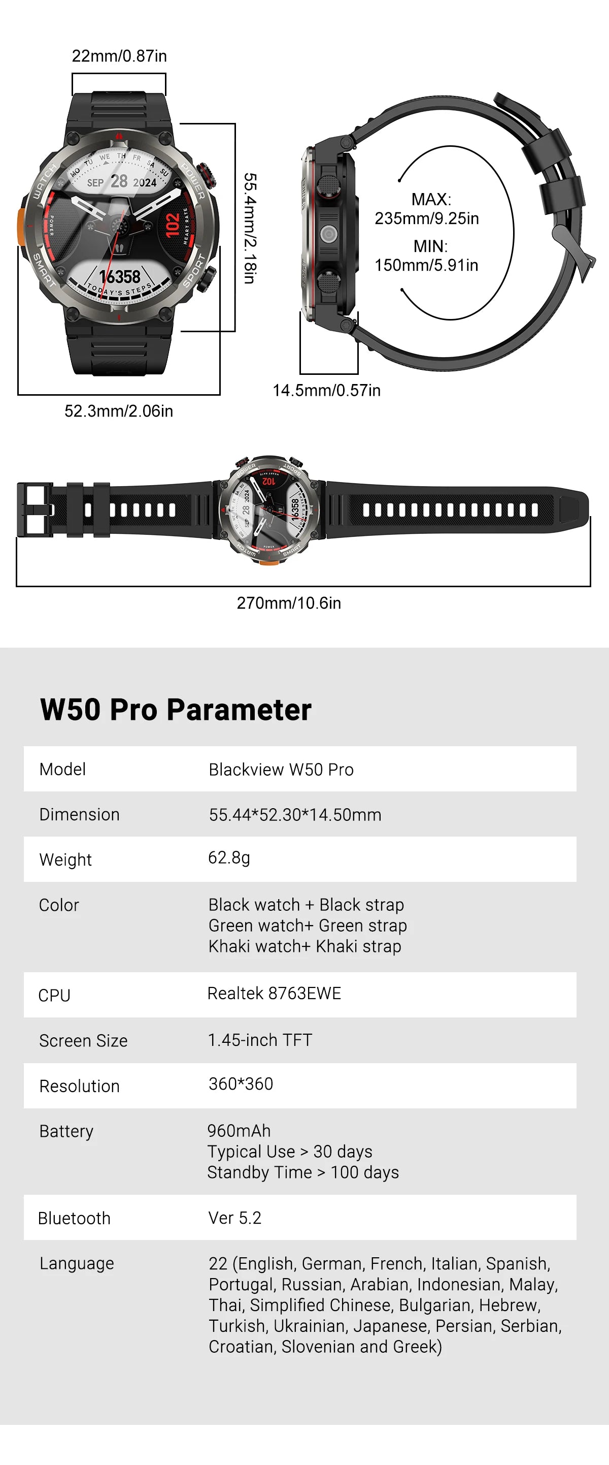 BLACKVIEW W50 Pro 1.45" Tactical Smart Watch