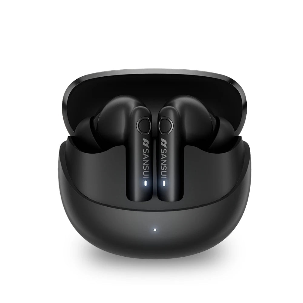 Black wireless earbuds in a charging case with Sansui logo on a white background
